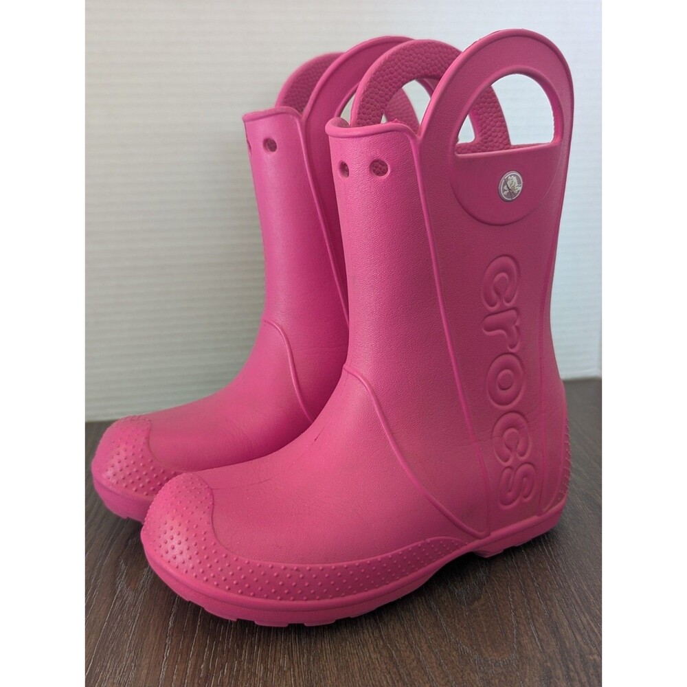 CROCS Pink Handle It Rain Boots Youth J3 Classic Kidcore Garden Boating Logo
